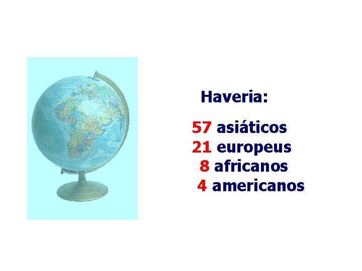 Haveria: 57 asiáticos 21 europeus 8 africanos 4 americanos 