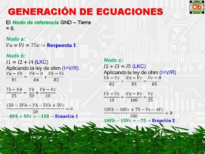 GENERACIÓN DE ECUACIONES El Nodo de referencia GND – Tierra = 0. 