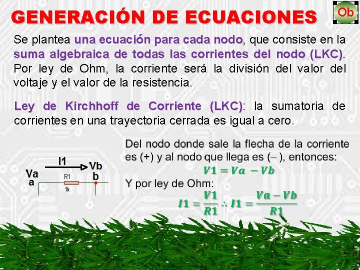 GENERACIÓN DE ECUACIONES Se plantea una ecuación para cada nodo, nodo que consiste en