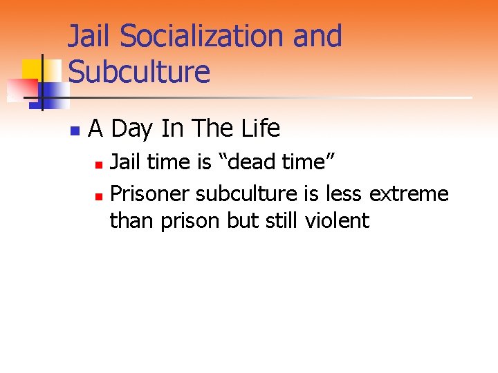 Jail Socialization and Subculture n A Day In The Life Jail time is “dead