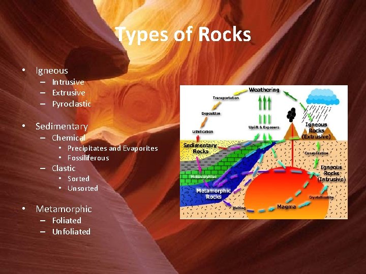 Types of Rocks • Igneous – Intrusive – Extrusive – Pyroclastic • Sedimentary –