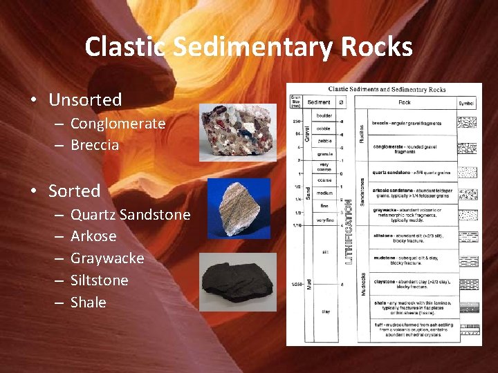 Clastic Sedimentary Rocks • Unsorted – Conglomerate – Breccia • Sorted – – –
