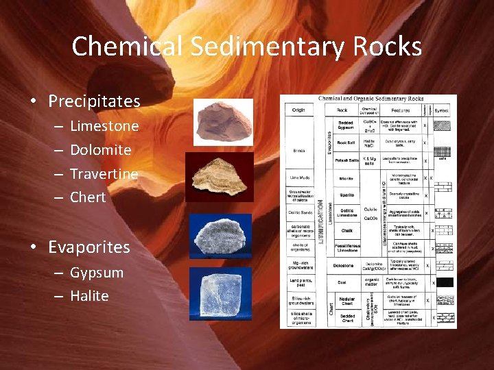 Chemical Sedimentary Rocks • Precipitates – – Limestone Dolomite Travertine Chert • Evaporites –