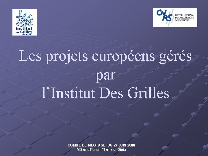 Les projets européens gérés par l’Institut Des Grilles COMITE DE PILOTAGE IDG 27 JUIN