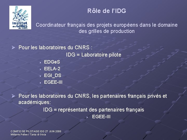 Rôle de l’IDG Coordinateur français des projets européens dans le domaine des grilles de
