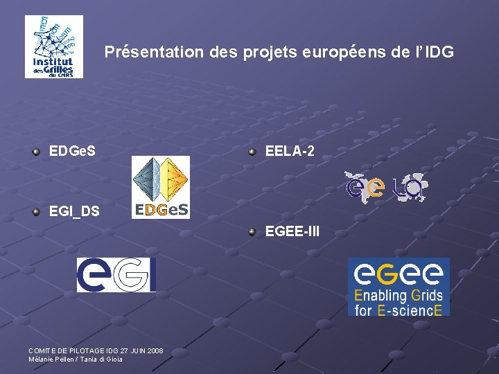 Présentation des projets européens de l’IDG EDGe. S EELA-2 EGI_DS EGEE-III COMITE DE PILOTAGE