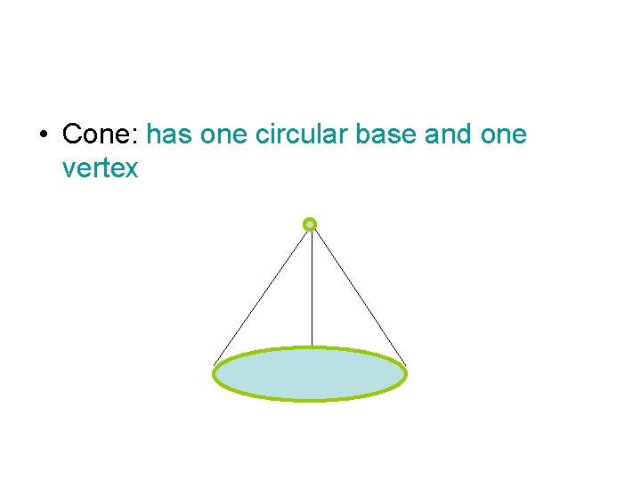  • Cone: has one circular base and one vertex 