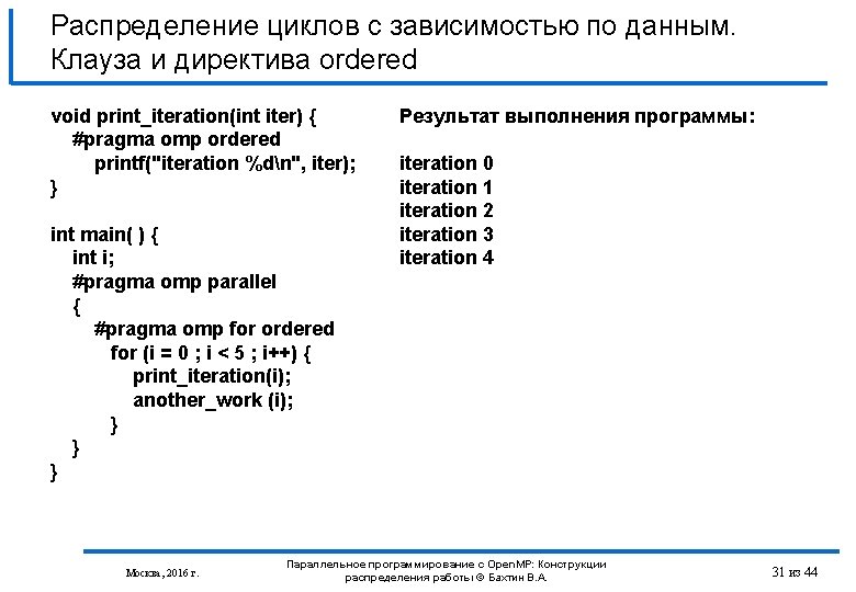 Распределение циклов с зависимостью по данным. Клауза и директива ordered void print_iteration(int iter) {