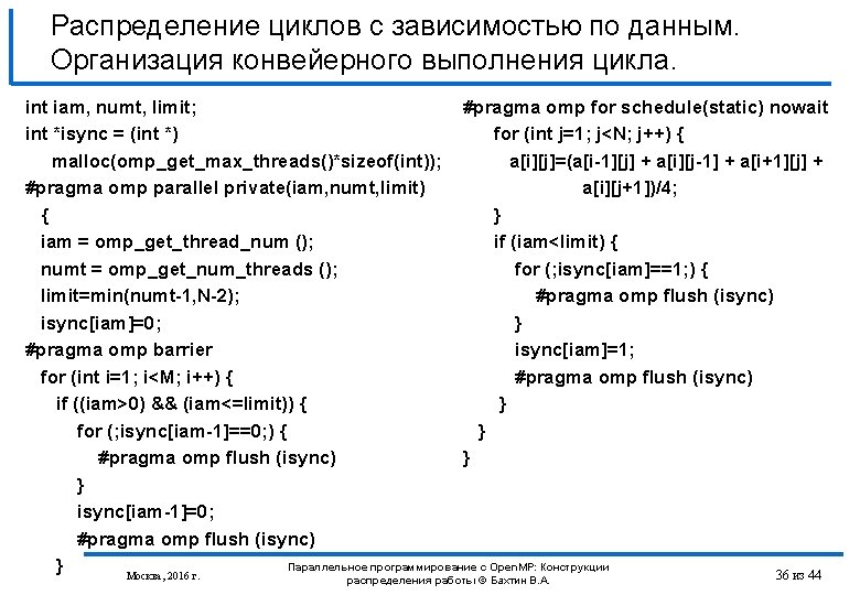 Распределение циклов с зависимостью по данным. Организация конвейерного выполнения цикла. int iam, numt, limit;