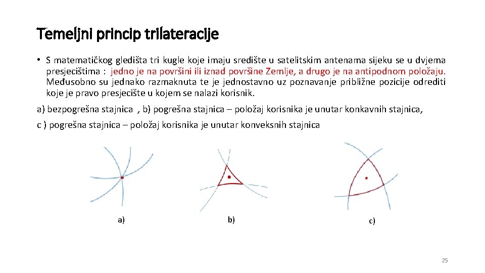 Temeljni princip trilateracije • S matematičkog gledišta tri kugle koje imaju središte u satelitskim