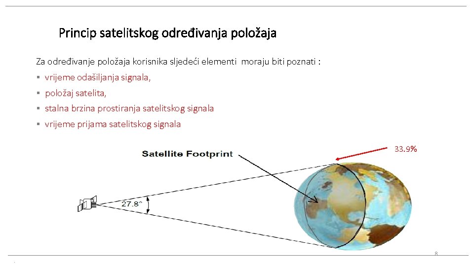 Princip satelitskog određivanja položaja Za određivanje položaja korisnika sljedeći elementi moraju biti poznati :