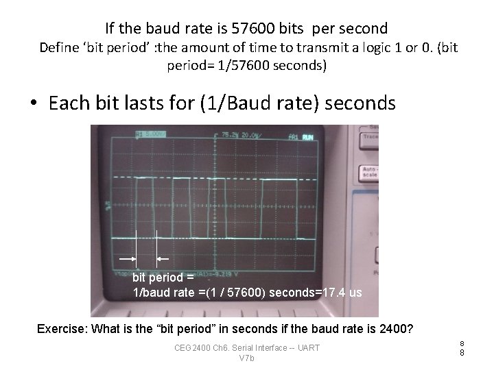 If the baud rate is 57600 bits per second Define ‘bit period’ : the