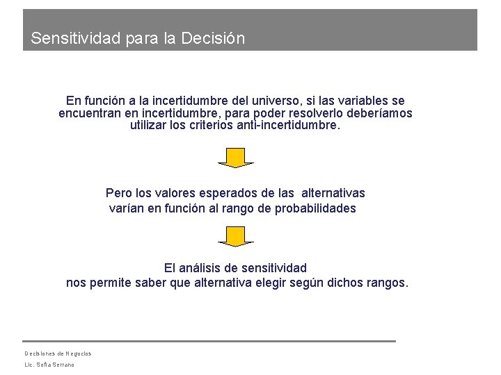 Sensitividad para la Decisión En función a la incertidumbre del universo, si las variables