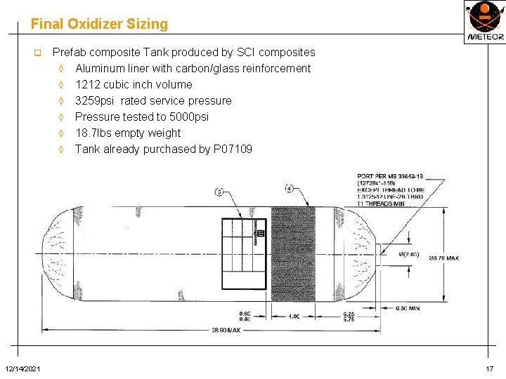 Final Oxidizer Sizing q 12/14/2021 Prefab composite Tank produced by SCI composites ◊ Aluminum