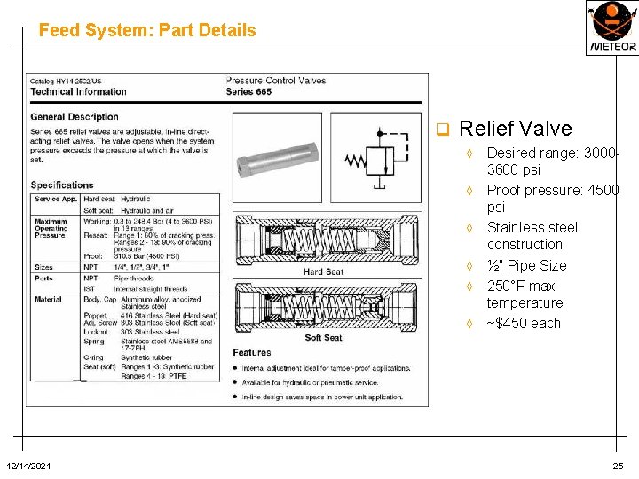 Feed System: Part Details q Relief Valve ◊ ◊ ◊ 12/14/2021 Desired range: 30003600