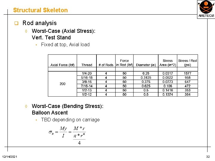 Structural Skeleton q Rod analysis ◊ Worst-Case (Axial Stress): Vert. Test Stand • ◊