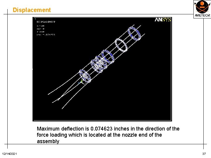 Displacement Maximum deflection is 0. 074623 inches in the direction of the force loading
