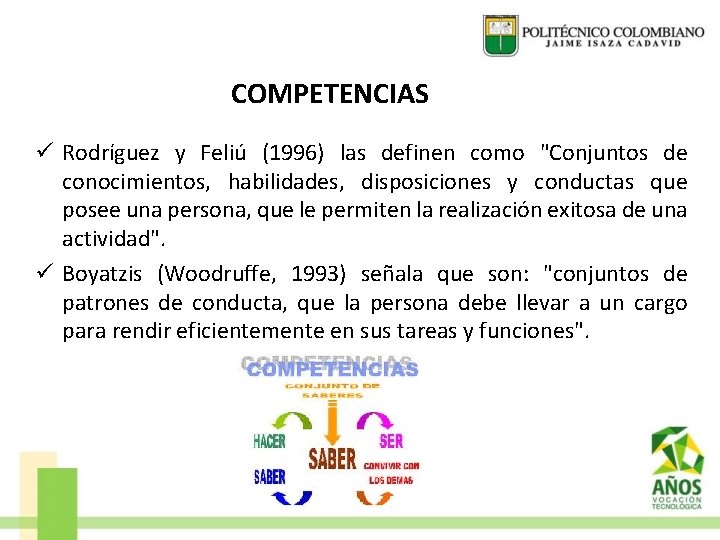 COMPETENCIAS ü Rodríguez y Feliú (1996) las definen como "Conjuntos de conocimientos, habilidades, disposiciones