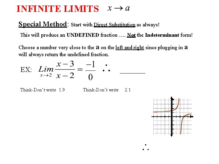 INFINITE LIMITS Special Method: Start with Direct Substitution as always! This will produce an