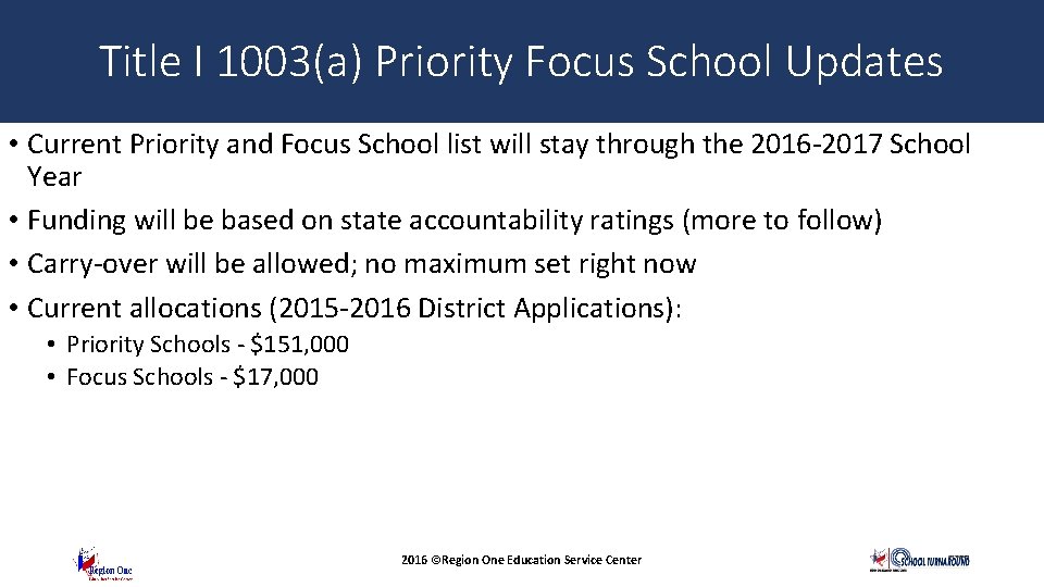 Title I 1003(a) Priority Focus School Updates • Current Priority and Focus School list