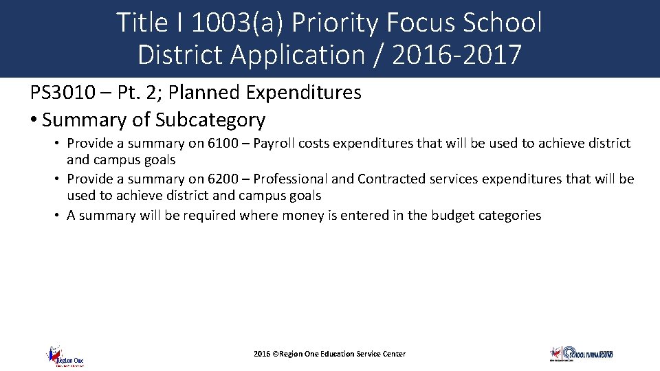 Title I 1003(a) Priority Focus School District Application / 2016 -2017 PS 3010 –