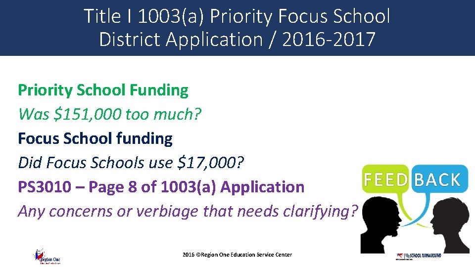 Title I 1003(a) Priority Focus School District Application / 2016 -2017 Priority School Funding
