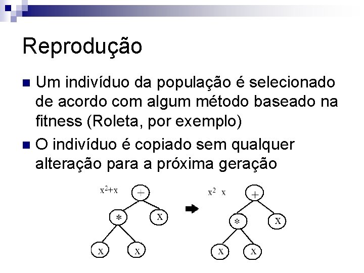 Reprodução Um indivíduo da população é selecionado de acordo com algum método baseado na