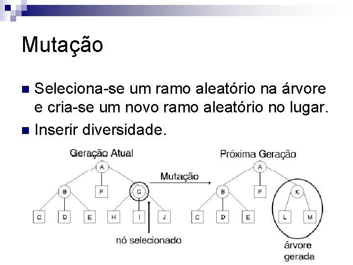 Mutação Seleciona-se um ramo aleatório na árvore e cria-se um novo ramo aleatório no