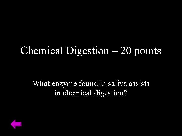 Chemical Digestion – 20 points What enzyme found in saliva assists in chemical digestion?