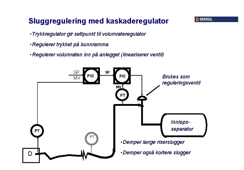 Sluggregulering med kaskaderegulator • Trykkregulator gir settpunkt til volumrateregulator • Regulerer trykket på bunnramma