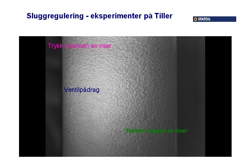 Sluggregulering - eksperimenter på Tiller Trykk i bunnen av riser Ventilpådrag Tetthet i toppen