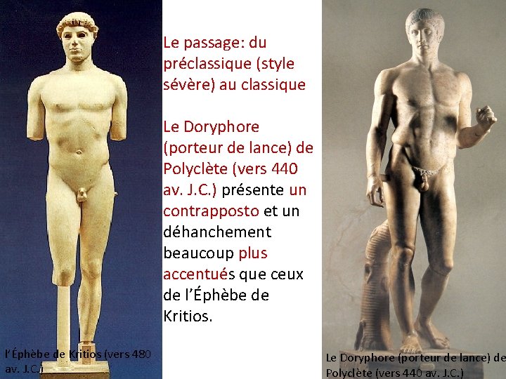 Le passage: du préclassique (style sévère) au classique Le Doryphore (porteur de lance) de