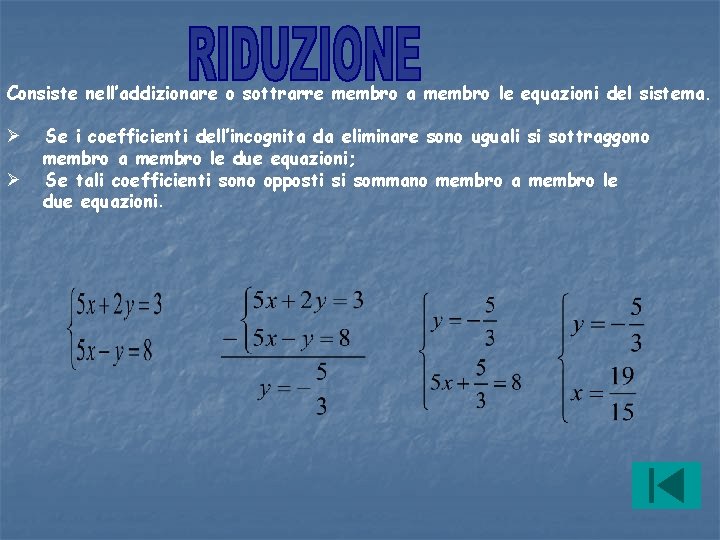 Consiste nell’addizionare o sottrarre membro a membro le equazioni del sistema. Se i coefficienti