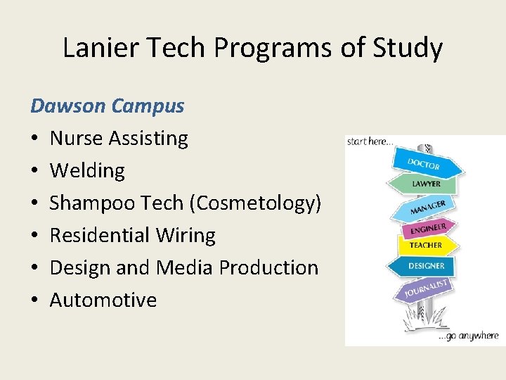 Lanier Tech Programs of Study Dawson Campus • Nurse Assisting • Welding • Shampoo