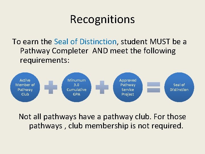 Recognitions To earn the Seal of Distinction, student MUST be a Pathway Completer AND