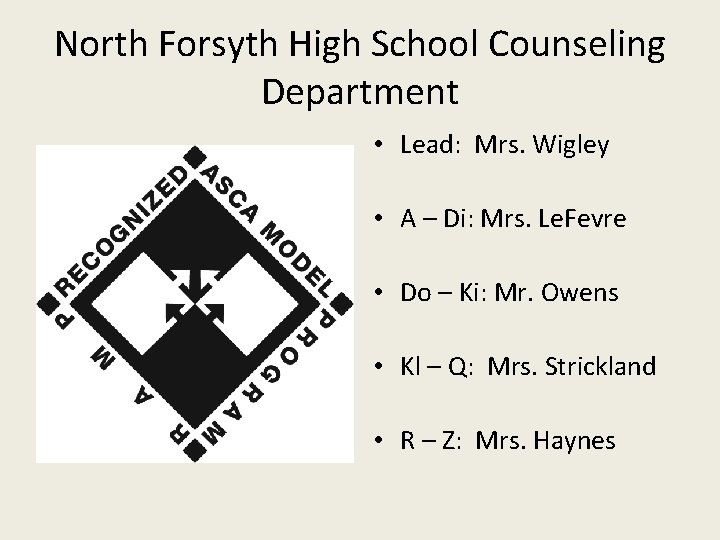 North Forsyth High School Counseling Department • Lead: Mrs. Wigley • A – Di: