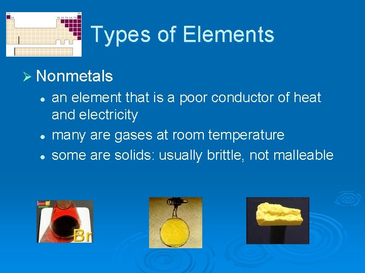 Types of Elements Ø Nonmetals l l l an element that is a poor