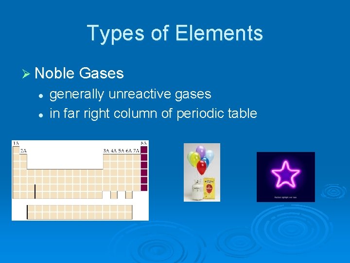 Types of Elements Ø Noble Gases l l generally unreactive gases in far right