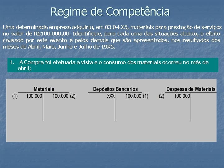 Regime de Competência Uma determinada empresa adquiriu, em 03. 04. X 5, materiais para