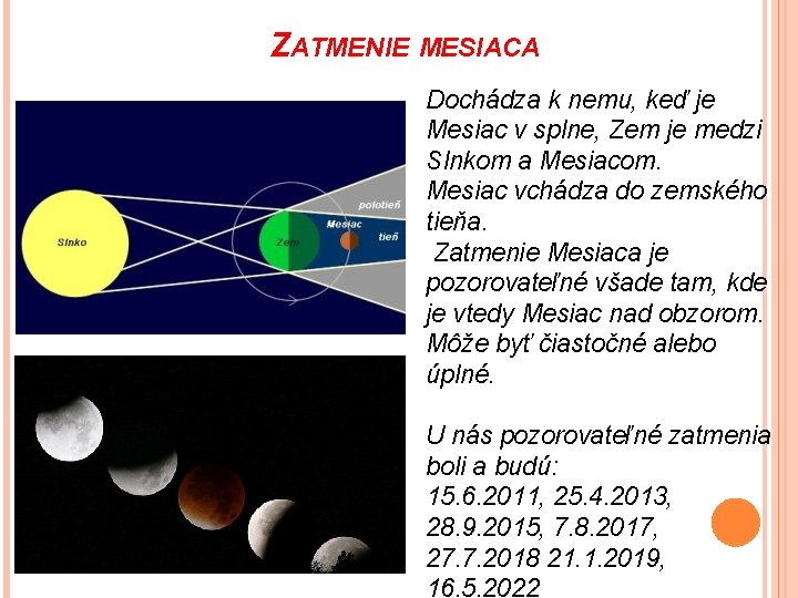 ZATMENIE MESIACA Dochádza k nemu, keď je Mesiac v splne, Zem je medzi Slnkom