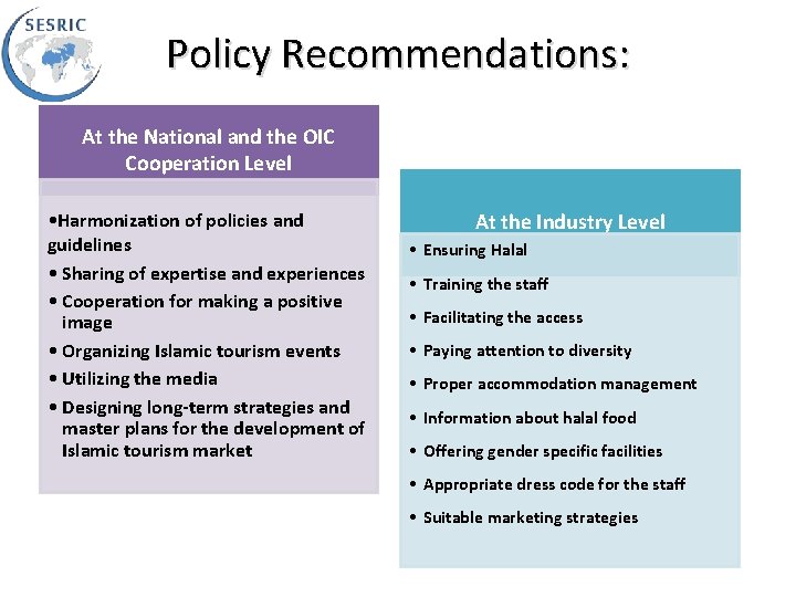 Policy Recommendations: At the National and the OIC Cooperation Level • Harmonization of policies