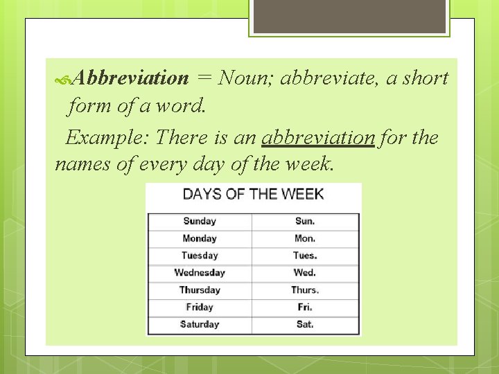  Abbreviation = Noun; abbreviate, a short form of a word. Example: There is