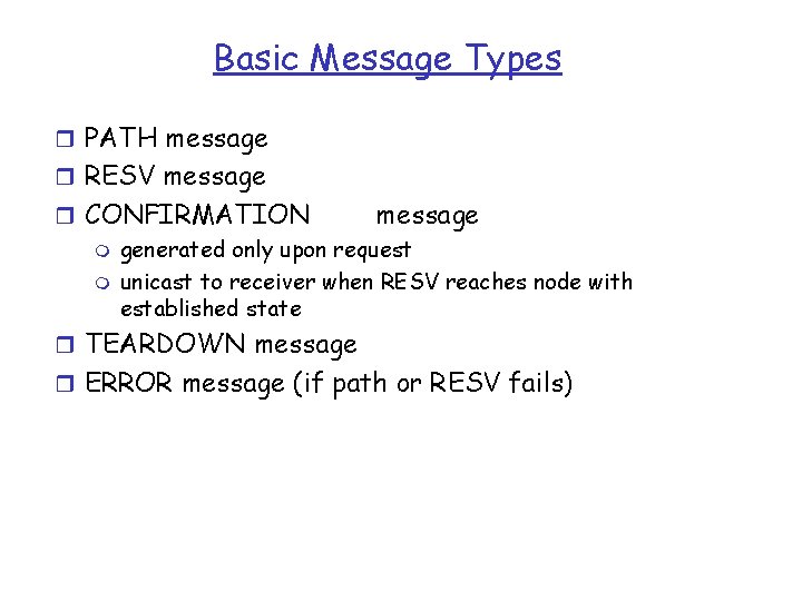 Basic Message Types r PATH message r RESV message r CONFIRMATION message m generated