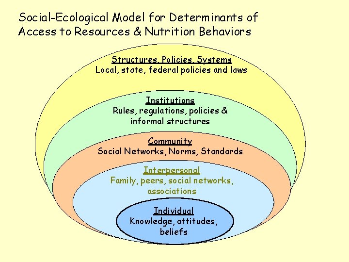Social-Ecological Model for Determinants of Access to Resources & Nutrition Behaviors Structures, Policies, Systems