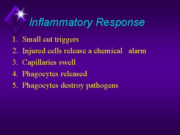 Inflammatory Response 1. 2. 3. 4. 5. Small cut triggers Injured cells release a