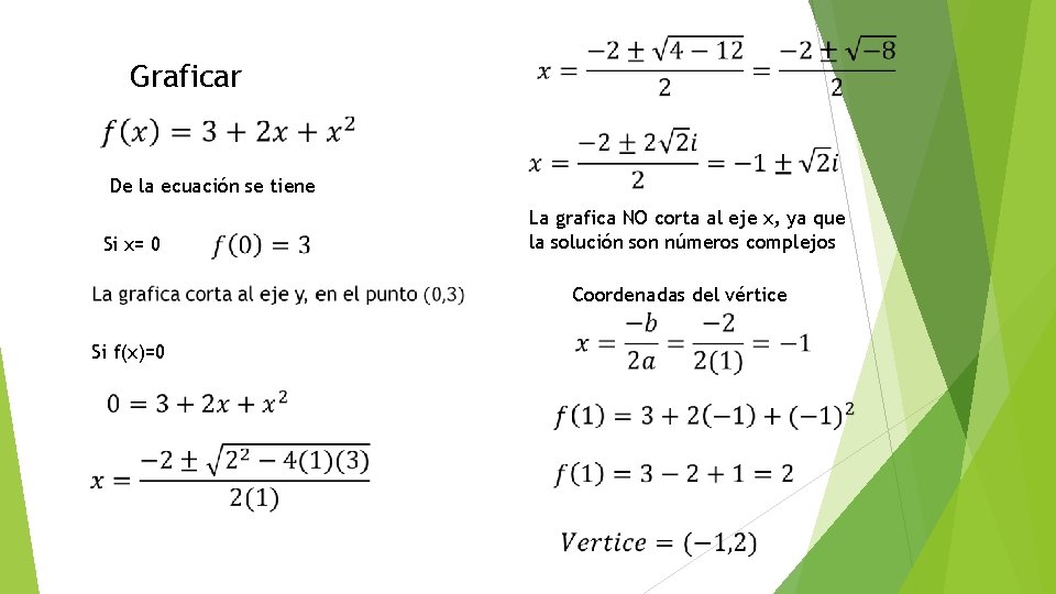 Graficar De la ecuación se tiene Si x= 0 La grafica NO corta al