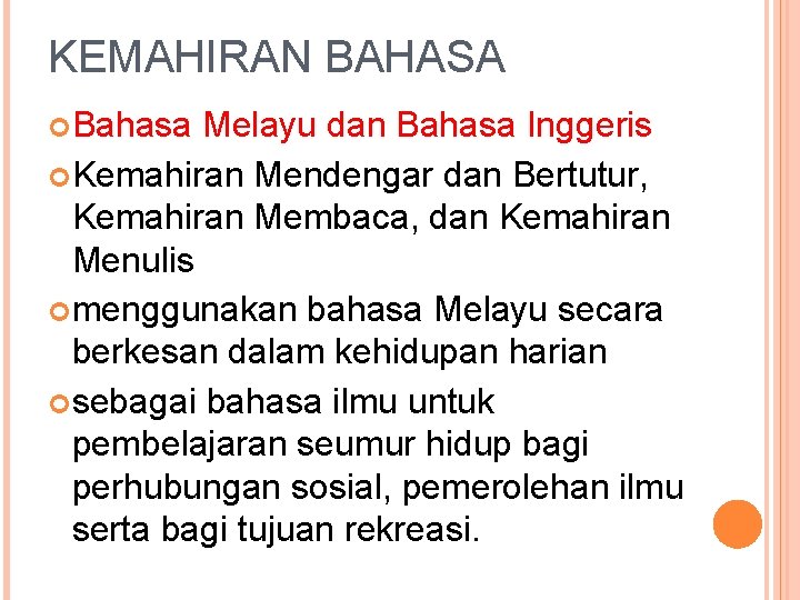 KEMAHIRAN BAHASA Bahasa Melayu dan Bahasa Inggeris Kemahiran Mendengar dan Bertutur, Kemahiran Membaca, dan