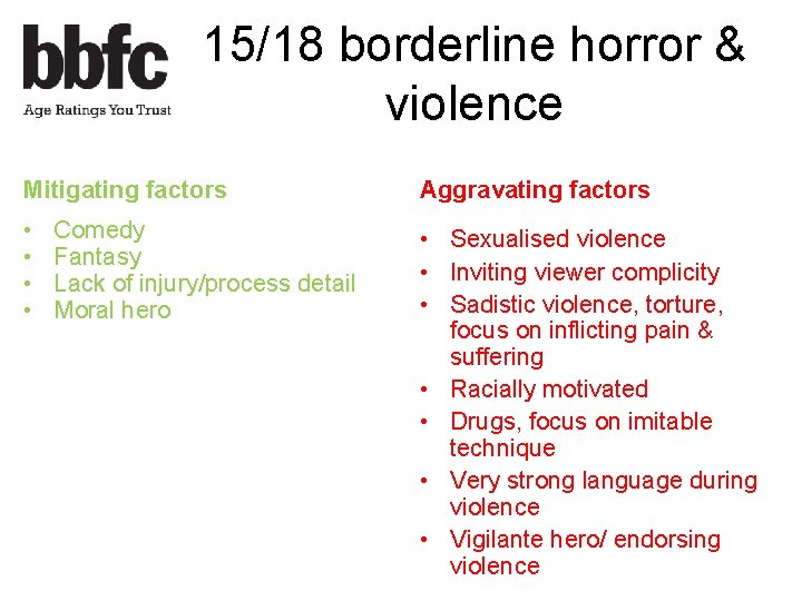 15/18 borderline horror & violence Mitigating factors Aggravating factors • • • Sexualised violence