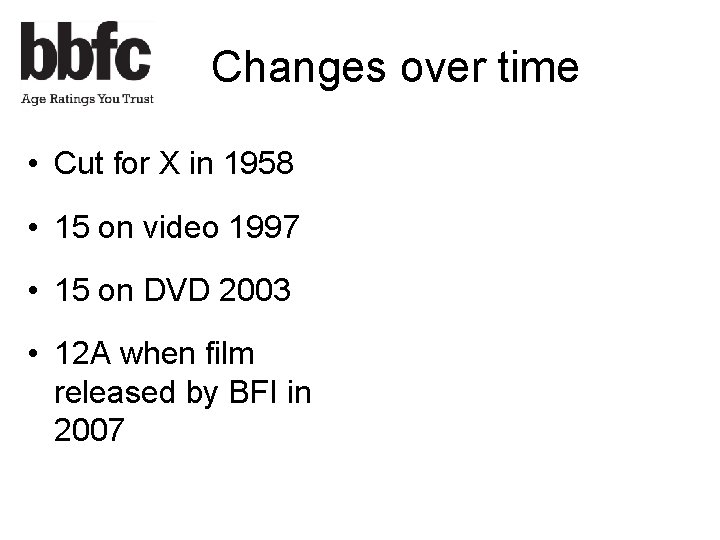 Changes over time • Cut for X in 1958 • 15 on video 1997