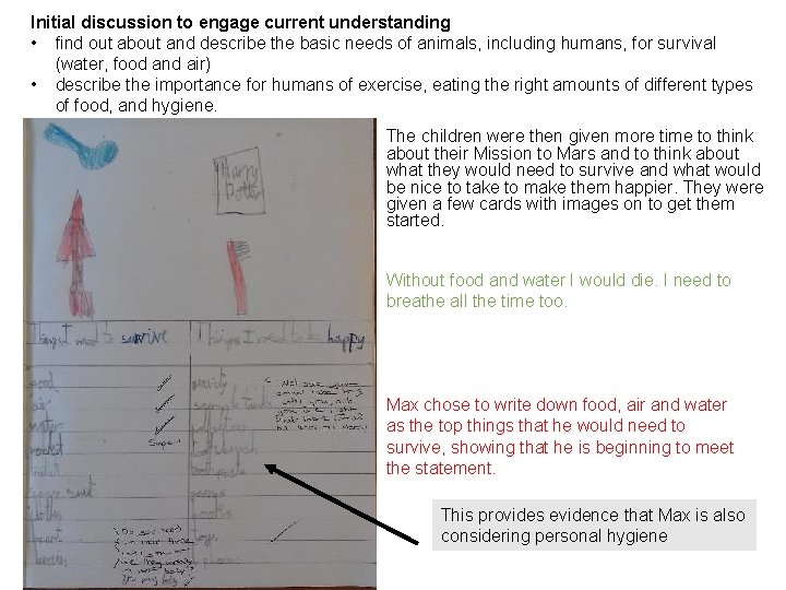 Initial discussion to engage current understanding • find out about and describe the basic